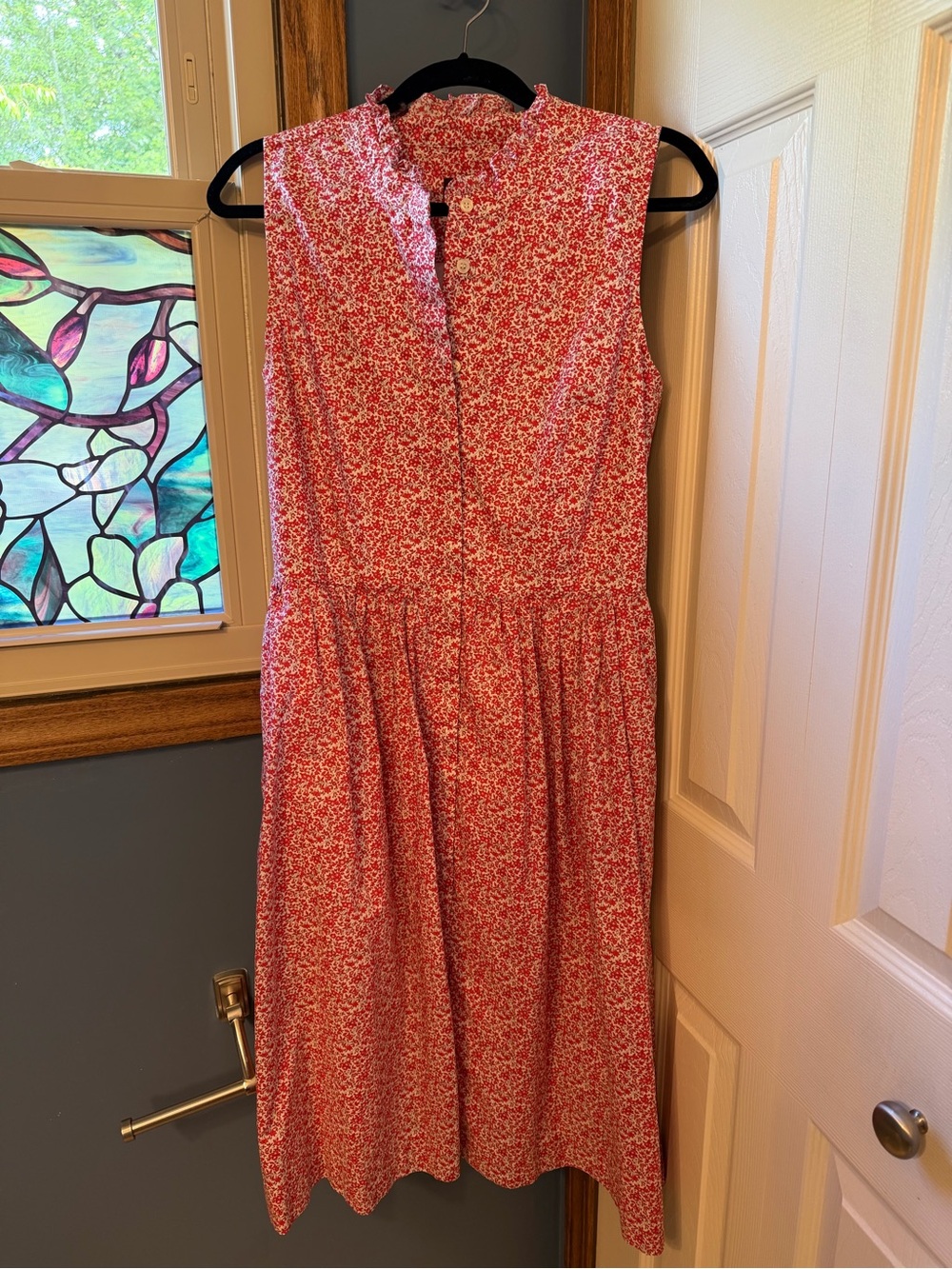 J. Crew Sleeveless Red Liberty Floral Midi Dress with Ruffle Collar